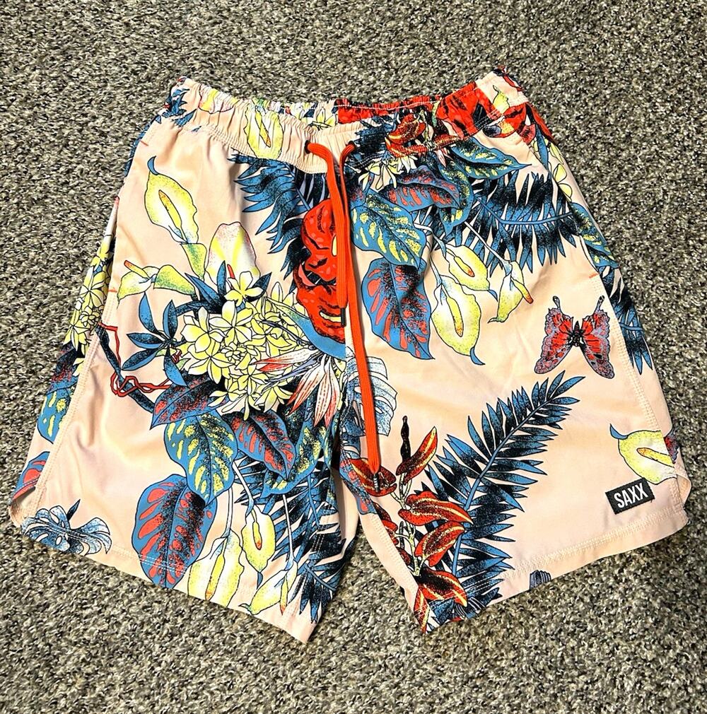 SAXX Oh Buoy 2N1 Volley 7" Swim Shorts Mens S Tropical Floral Toucan